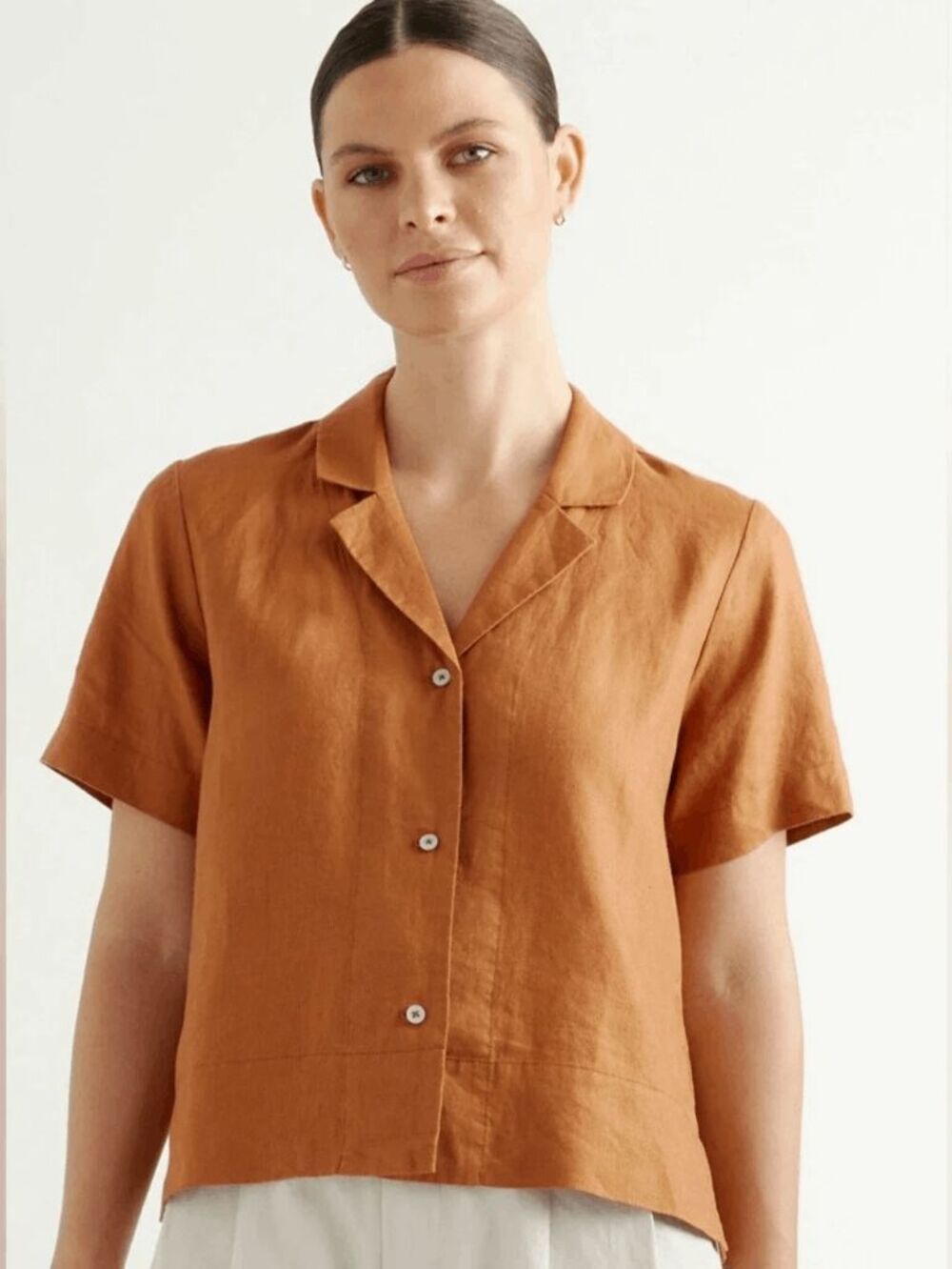 Quince Terracotta European Linen Short Sleeve Button Down Shirt Women's Medium